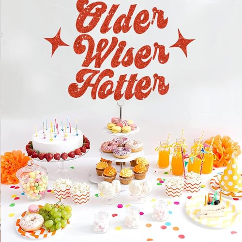 Image of BEISHIDA Glitter Red Older Wiser Hotter Banner with Star, Funny Birthday Banner 30th 40th 50th 60th 70th 80th Party Decorations
