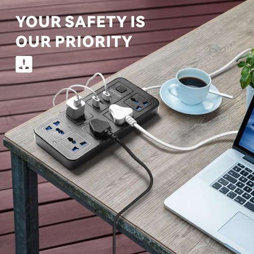 بايشن وصلة تمديد كهربائية عالمية مع 3 منافذ دبابيس، سلك تمديد مع 6 مقابس | 3 منافذ USB | منفذ واحد من النوع C، كيبلات طاقة تمديد بطول 1.88 متر للمنزل والمطبخ والمكتب (اسود)