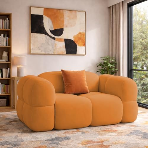 Image of Casaliving Vetras Modern Velvet Bubble Cloud Sofa, Tufted Design Upholstered 1 Seater Sofa Set for Living Room, (Orange Colour) Premium Velvet Fabric Sofa