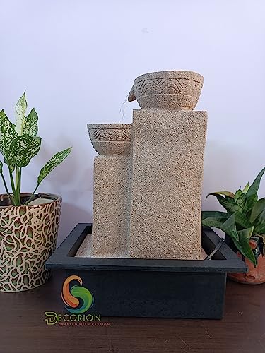 Image of Decorative Table Top Water Fountain for Home Decor /Office /Indoor & Outdoor /Garden /Puja Room /Vaastu with Multicolor LED Light and Adjustable Water Pump (Yellow-D-025)