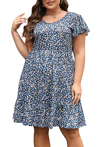 Celkuser Womens Plus Size Casual Summer Dresses Ruffle Sleeve Tiered Swing Midi Dress with Pockets