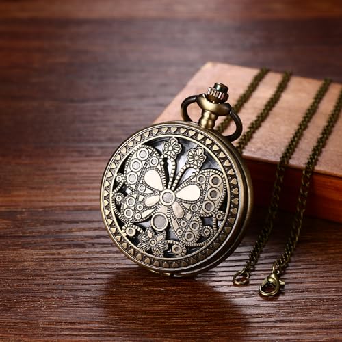 Image of Avaner Hollow Out Pocket Watches: Bronze Butterfly Analog Quartz Pocket Watches with Chain for Men and Women