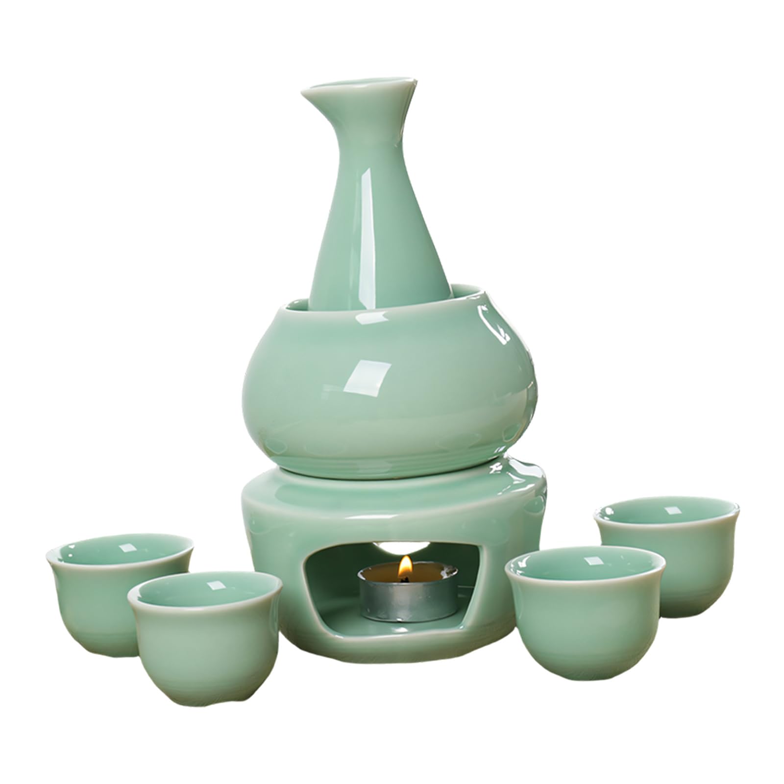 Msioytog Japanese Sake Set Ceramic Warmer Pots Carafe Bottle and 4 Small Cups Stove for Warming Liquor Beverage Hot Sake Warming Container