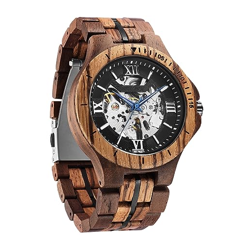 FORSINING Montre pour homme - Design classique - En bois - Automatique - Squelette - Montre mécanique lumineuse et étanche, noir/argenté, Bracelet