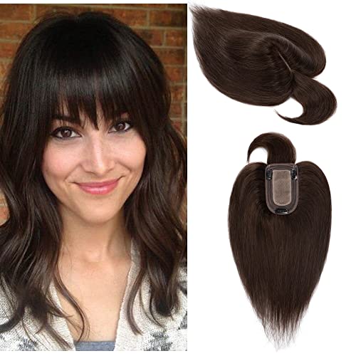 Rich Choices Hair Toppers For Women 100% Real Human Hair Topper With Bangs 120% Density Silk Base Clip In Top Hair Pieces For Women With Thinning Hair 6 Inch #2 Dark Brown 27g (3 clips)