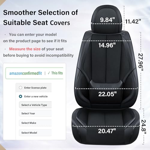 Image of Coverado Front Seat Covers, 2 Pieces Universal Seat Covers for Cars, Breathable Fabric & Leather Car Seat Protectors, Car Seat Cushions Auto Accessories Fit for Most Sedans SUV Truck, Black