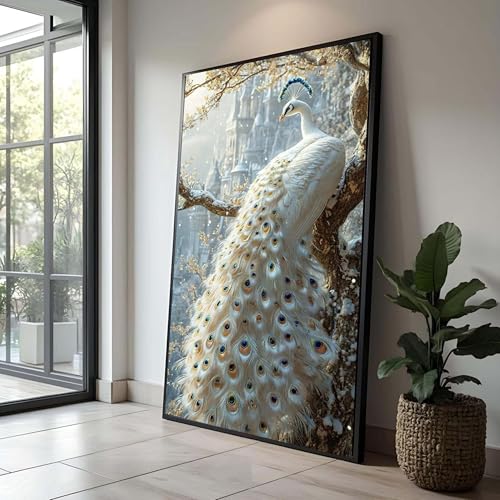 Tableau sur toile paon blanc décoration plumes oiseau peinture nature 40x70