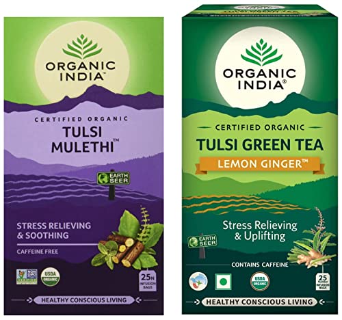 Image of Organic India Tulsi Green - 25 x 1.8g Tea Bags (Lemon Ginger) & Tulsi Mulethi, 25 Tea Bags