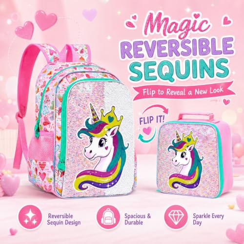 Image of 3Pcs Unicorn Backpack for Girls, 16 inch Sequin Bookbag Set for Kids, Elementary Preschool Preschool School Backpacks with Lunch Box (Pink)