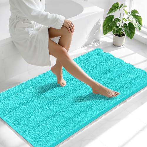 Image of Smiry Thick Chenille Bathroom Runner Rugs 47x24, Extra Absorbent Striped Bath Mat, Machine Washable, Rubber Backing, Long Bath Rugs for Tub & Shower, Modern Home Decor Accessories, Teal