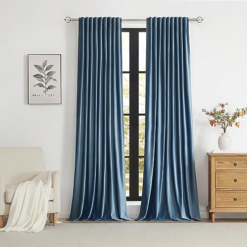 Image of PRIMROSE Velvet Curtains 102 inch Long for Living Room,Set of 2 Panels Stone Grayish Blue Blackout Rod Pocket Back Tab Window Treatment Room Darkening Heavy Decorative Curtains Drapes for Bedroom