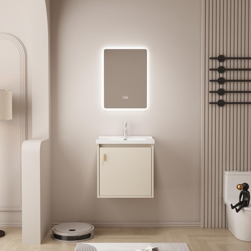 Miniatura 6 de Tocador de baño pequeño de 20 pulgadas montado en la pared, pequeño tocador de baño con fregadero de cerámica, tocador de baño moderno con cajones