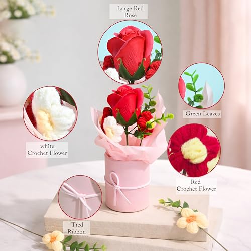 Image of Art Street Artificial Rose & Knitted Daisy Flower Bouquet in Pink Box - Handmade Decorative Floral Arrangement for Home Decor, Mothers Day Gifting, Office Table, & Anniversary