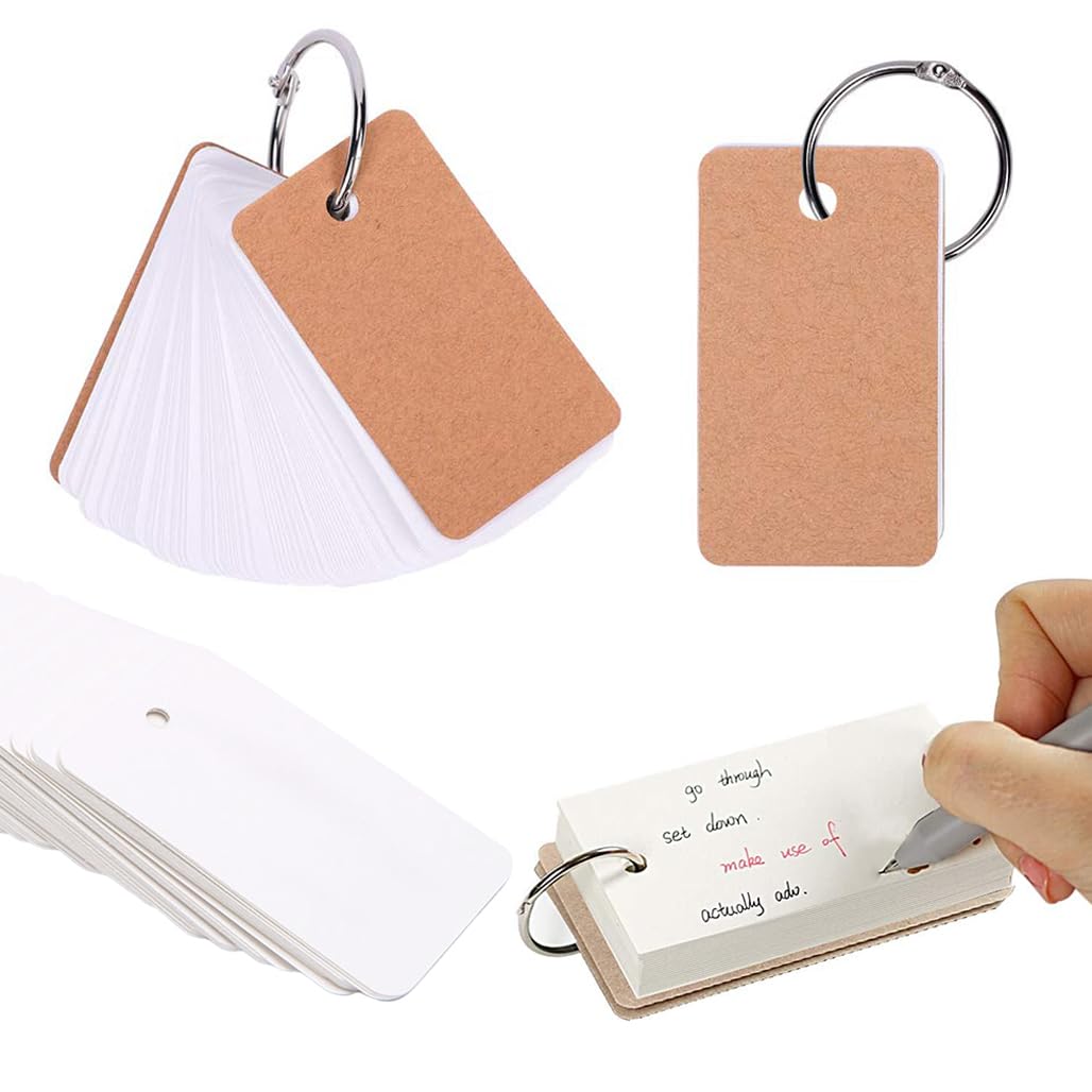 Goodern Blank Flash Cards with Binder Rings,300 Sheets Paper Index Cards with Punched Holes,Easy Flip Flash Card White Study Note Cards,Unruled Memo Scratch Pads,Small DIY Greeting Cards(3 Set)-Nat