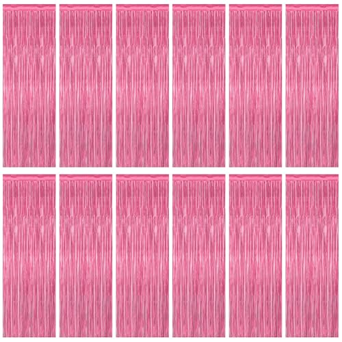 Image of ZATAYE 12 Pack Pink Backdrop, 3.28 FT x 7.05 FT Foil Fringe Curtains, Metallic Pink Tinsel Curtain Party Streamer Birthday Backdrop for Girl, Valentines Day Decorations Bachelorette Party Supplies