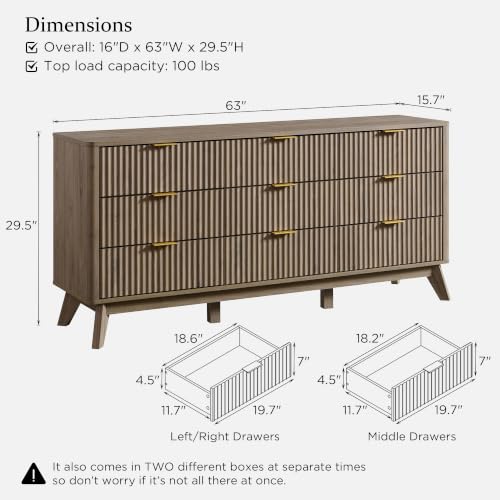 Image of T4TREAM 63 inch Wide Fluted 9 Drawer Dresser for Bedroom, Grey Alder