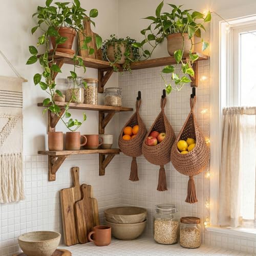 Image of Honeydak 3 Hanging Baskets, White, Tassel, Cotton Rope
