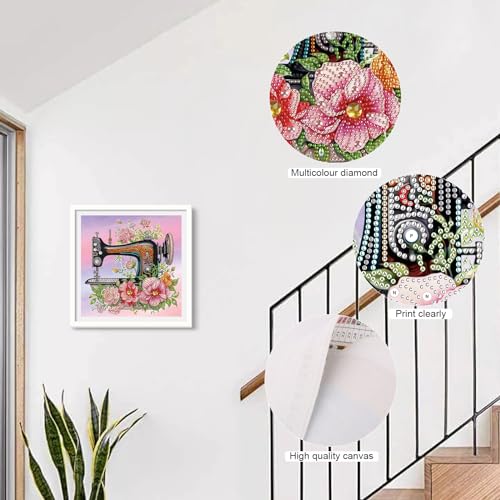 Image of Diamond Art Painting Kits for Adults, 5D Special Shape Diamond Art Kits for Beginners, Crystal Rhinestones Diamond Art Painting for Home Wall Decoration Gift 12x12inch, Old Flower Sewing Machine