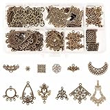 SUNNYCLUE 1 Box 72Pcs 12 Styles Filigree Connector Charms Flower Alloy Hollow Links Teardrop Square Oval Moon Shape Filigree Metal Embellishments for Crafts Supplies, Antique Bronze