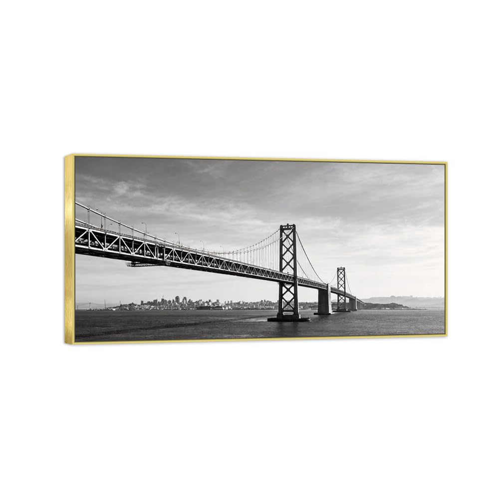 Sea Bridge 2 Black White Landscape Canvas Picture 40x80cm Gold Frame