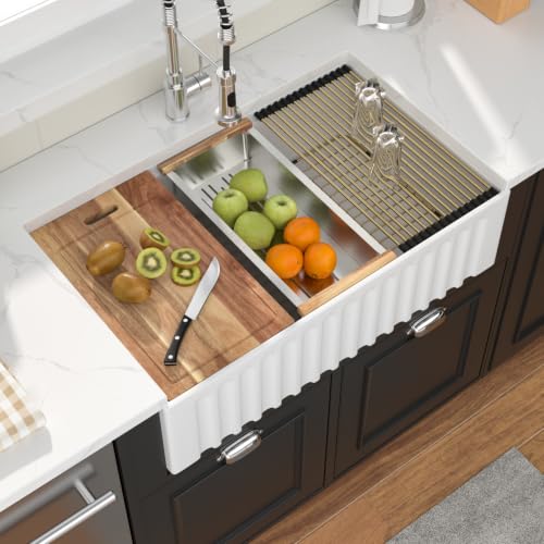 GhomeG White Granite Composite Farmhouse Kitchen Sink 33X20X9 Inch