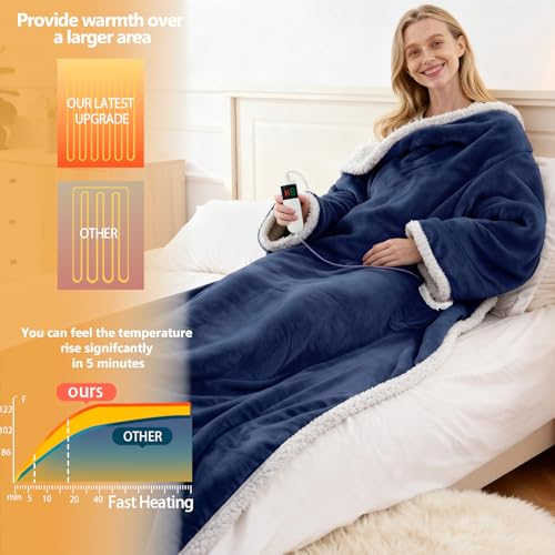 Image of Wearable Heated Blanket With Sleeves & Foot Pocket, Heated Throw Blankets Fast Heating Blanket With 10 Heat Settings Auto Shut Off Over-Heat Protection-Warm Gift, Machine Washable, 52 inch*72 inch+18 inch