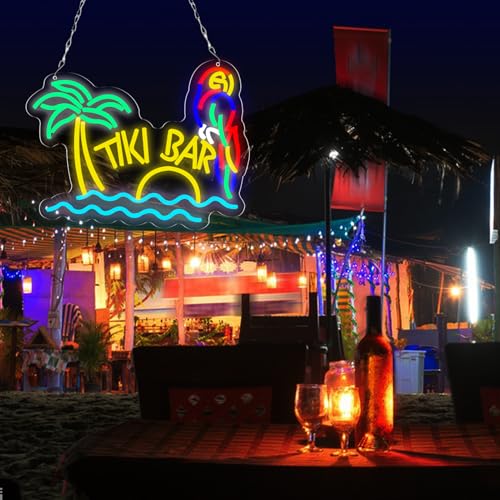 Image of LED Neon Tiki Bar Signs Dimmable Beach Theme Wall Decor Hawaii Pool Bar Party Gift for Boys Girls-16 x 12.2 IN-USB Powered-Acrylic
