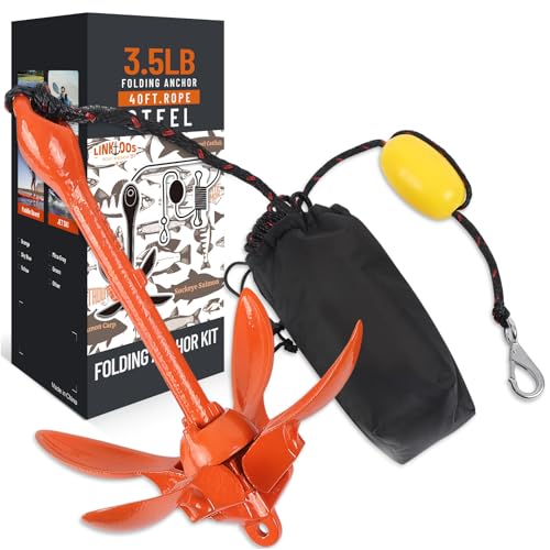 Linkloos Kayak Anchor Kit - 3.5lb with 40ft Rope & Storage Bag - Accessories for Kayaks Canoes SUP Boards Small Boats Jet Skis & PWCs - Marine Grade Orange