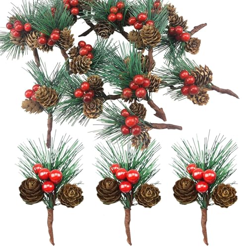 AONAT Set da 20 Rami di Pino Artificiale con Bacche Rosse e Pigne,Decorazione di Natale,Corona dell’Avvento,Ghirlanda Festiva,Fai-da-Te (DIY) e Addobbi per Albero Natalizio