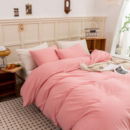 Image of ECOCOTT Pink Duvet Cover Queen Size - Linen Feel Organic Natural 100% Washed Cotton, Soft Breathable 3 Pieces Bedding Set with Zipper Closure