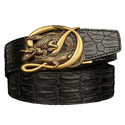 Ceinture à cliquet en cuir d'alligator avec boucle automatique dorée pour homme stylé