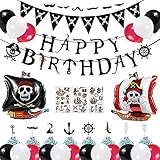 decoracion fiesta piratas del caribe 🎈 [Fiesta de cumpleaños con tema pirata]: este es un regalo genial y divertido para niños, un kit de decoración de fiesta de cumpleaños temática, una pancarta de feliz cumpleaños pirata, globos con temática pirata, kits de decoración de globos rojos, negros y blancos y un barco pirata son geniales. ¡Puede traer una gran sorpresa a los niños!