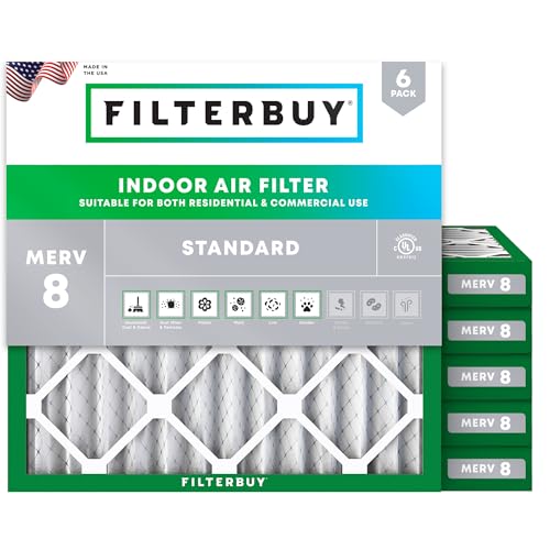 Filterbuy 22x22x2 Air Filter MERV 8 Dust Defense (6-Pack), Pleated HVAC AC Furnace Air Filters Replacement (Actual Size: 21.50 x 21.50 x 1.75 Inches)