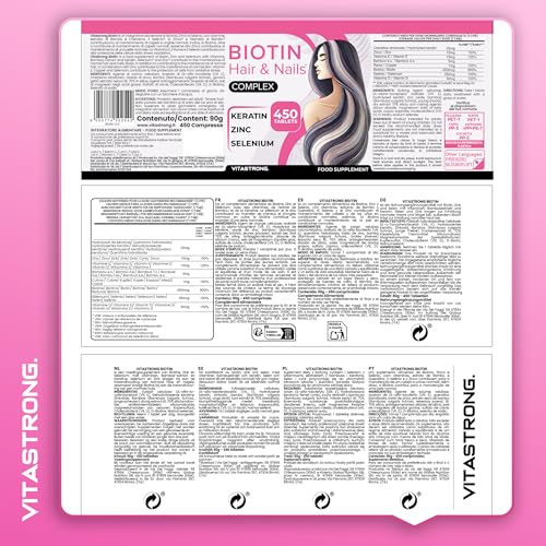 Biotin Hochdosiert Vitastrong mit Selen Zink, Keratin, Kupfer, Bambus, Vitamine für Haare, 450 Tabletten (15 Monate) Biotin Komplex Premium Ohne GVO, Bio Haare, Haut und Nägel mit Selen Hochdosiert
