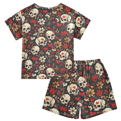 ALAZA Skulls Hearts Flowers Pajama Set Short Sleeve Sleepwear Soft Lounge Nightwear2