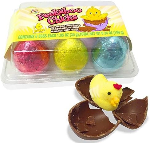 Needzo Belgian Milk Chocolate Peekaboo Chicks Foil Wrapped Easter Eggs with Marshmallow Center Basket Stuffers, 6 Eggs Total