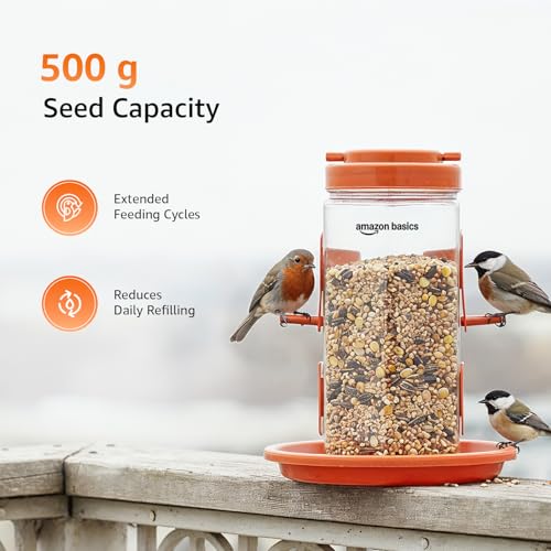 Image of Amazon Basics Hanging Bird Feeder | 500 g Capacity (Set of 2) | Multiple Feeding Ports | Weather-Resistant Food-Grade Plastic | Brown