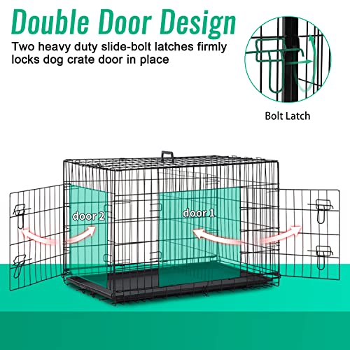 Fdw Dog Crate Dog Cage Pet Crate For Large Dogs 42Inch Folding Metal Pet Cage Double Door W/Divider Panel Indoor Outdoor Dog Kennel Leak-Proof Plastic Tray Wire Animal Cage #TOP4