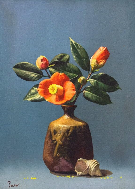 Amazon.co.jp: 渡辺三郎「 椿と備前 」 油絵・油彩画 F4 (4号