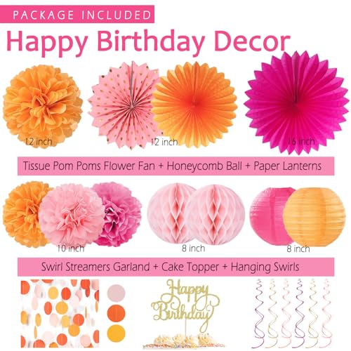 Image of Hot-Pink Orange Birthday Decoration for Women Girl, Fall Peach Burnt-Orange Gold Balloon Decor-Happy Banner, Streamers Lanterns Honeycomb, Tissue Flowers Pom Poms Fan, Boho Sunset Autumn Party Decor