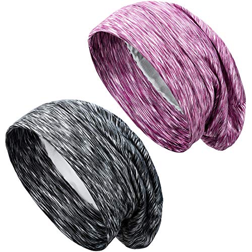 2 Pieces Satin Lined Sleep Caps Hair Cover Bonnets Silk Lined Slouchy Beanies Sleeping Caps for Night Sleeping (Black, Purple,25 cm)