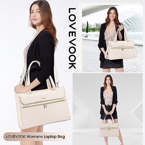 Image of LOVEVOOK Laptop Bag for Women 15.6 Inch Tote Work Professional Leather Computer Briefcase Waterproof Handbag Shoulder Large Capacity Business Teacher Office Crossbody Purse, 206# Beige White