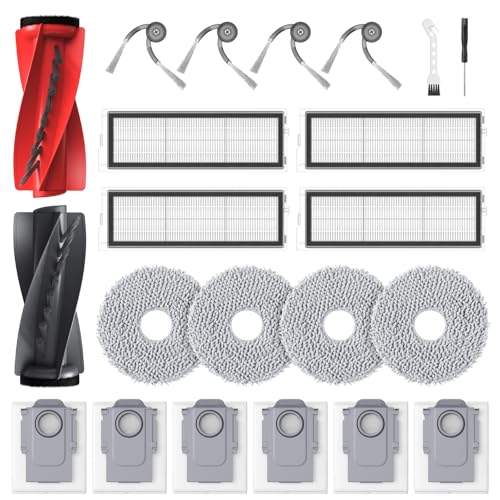 22 Pcs Replacement Parts for Roborock Qrevo S5V / Curv/Edge/Edge S5A / Curv S5X, Accessories include 1*Set Main Brush, 4*Mop Pads, 6*Vacuum Bags, 4*Hepa Filters, 4*Side Brush, 2*Cleaning Tool