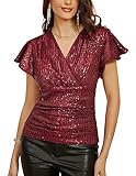Ruffle Tops for Women Trendy Sequin Bling Tops Sparkle Wrap Shirts Glitter Party Club Ruched T-Shirts Wine Red S