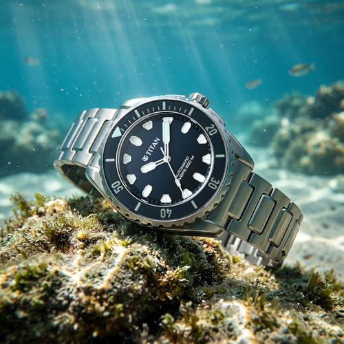 Image of Titan Zero Hour Diver's Certified 500m Automatic Analog with Blue Dial Silver Titanium & Blue FKM Strap Watch for Men - 10071KM01