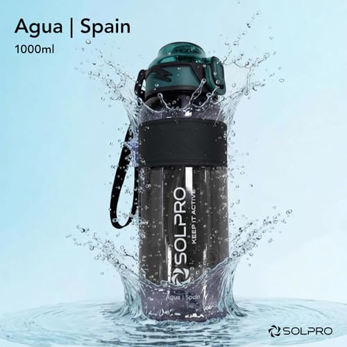 Image of Solpro Agua Spain Sipper Water Bottle 1000 ml Leakproof BPA Free, Sipper Bottle for Kids, Men, Women, Adults for School, Office, College, Travel, Gym, Workout, Outdoor, Camping (Black /Alpine Green)