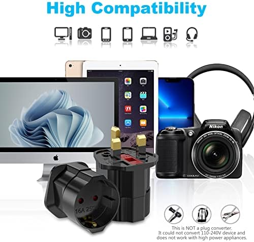 European to UK Plug Adaptor 2 Packs, EU to UK Plug Adapter with 13A Fuse, HITRENDS Plug Adapter 2 Pin to 3 Pin 3250W Max Travel Adaptor Euro to UK for France, Italy, Spain, Germany Euro to UK, Black