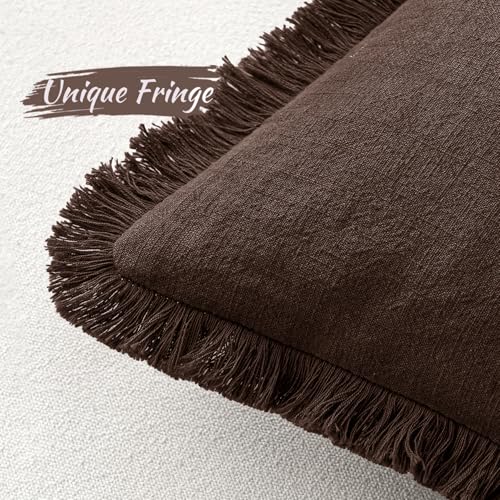 Image of MIULEE Decorative Throw Pillow Covers Neutral Linen Fringe Throw Pillows Euro Shams Set of 2 Dark Brown Boho Farmhouse Cushion Covers for Couch Sofa Bed Living Room Fall Home Decor 24x24 Inch