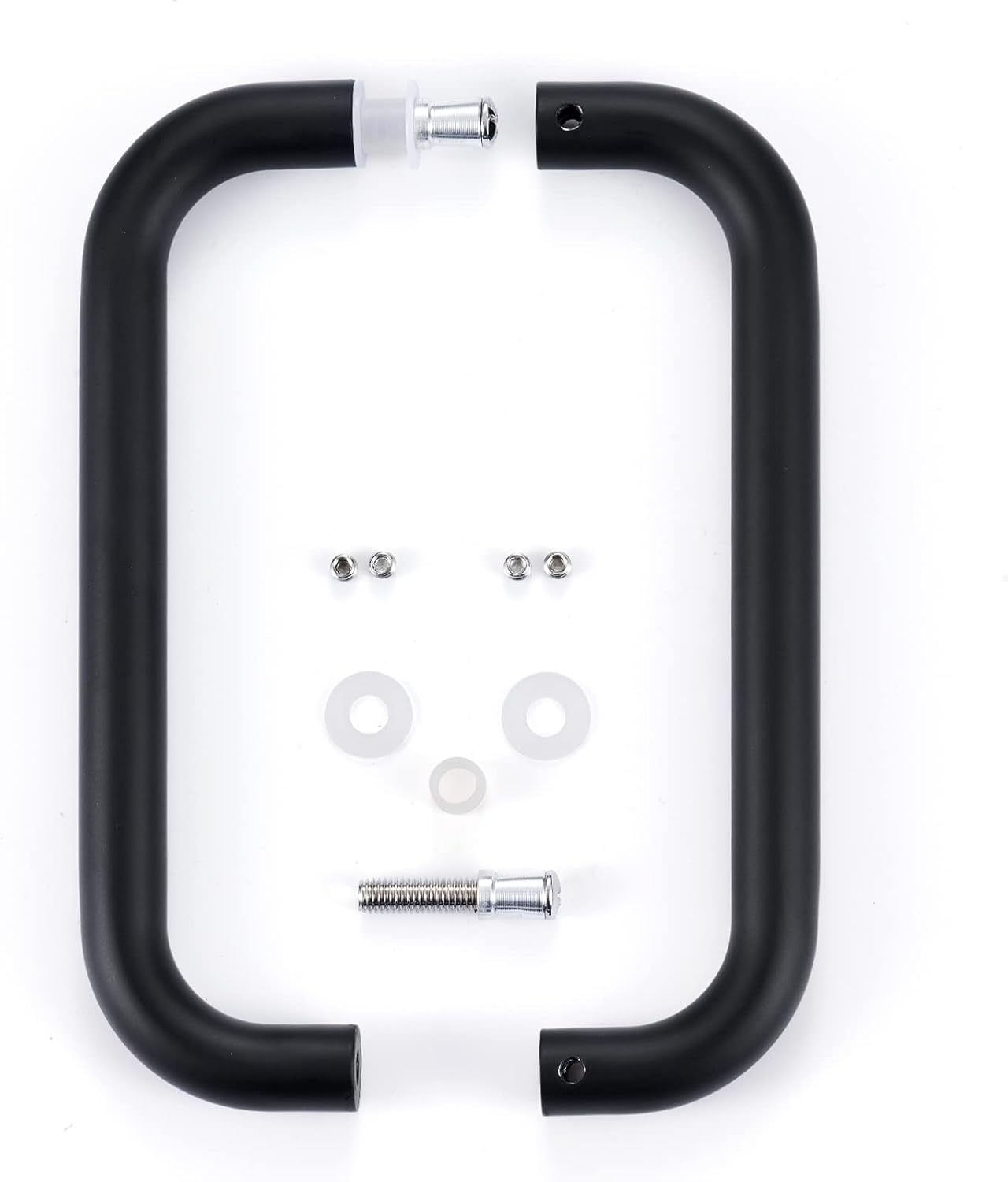 matte black shower door handle on glass door close-up