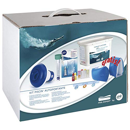 Gre 76054 - Kit Trattamento per Piscine da 5 a 15m³: 4 azioni 1kg pastiglie da 20g + dosatore + termometro + Kit analisi + braccioli + Kit Riparazione Liner